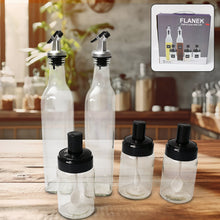 Transparent GlassÂ Oil Dispenser 500 ML Bottle Set of 2, Spice Jar 250 ML Set of 3, Oil Bottle for Kitchen, Oil & Vinegar Storage Glass Bottle, Glass Container for Spice, Masala (5 Pcs Set)