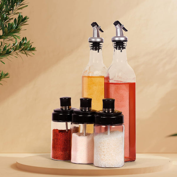 Transparent GlassÂ Oil Dispenser 500 ML Bottle Set of 2, Spice Jar 250 ML Set of 3, Oil Bottle for Kitchen, Oil & Vinegar Storage Glass Bottle, Glass Container for Spice, Masala (5 Pcs Set)