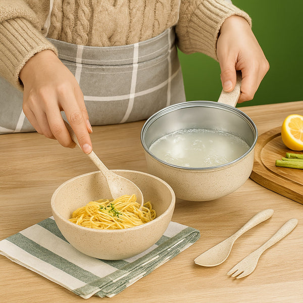 Rice Bowl Noodle Set â€“ 6 Pcs with Lid, Handle & Cutlery