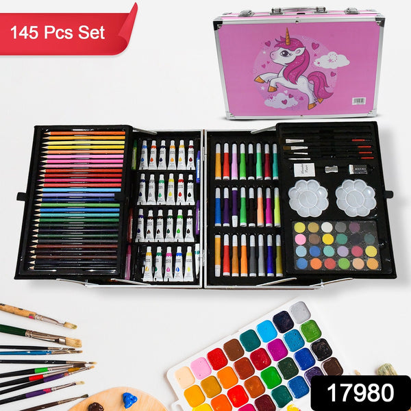 17980Â Professional Art Set-Drawing Painting Sketching Coloring Kids Set All in 1 Art Case Perfect for Kids with Unicorn Design Case, Shading Crayons Oil Pastels Color Set Watercolor Cakes Paint Brush Sharpener Eraser (145 Pcs Set)