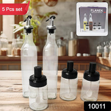 Transparent GlassÂ Oil Dispenser 500 ML Bottle Set of 2, Spice Jar 250 ML Set of 3, Oil Bottle for Kitchen, Oil & Vinegar Storage Glass Bottle, Glass Container for Spice, Masala (5 Pcs Set)